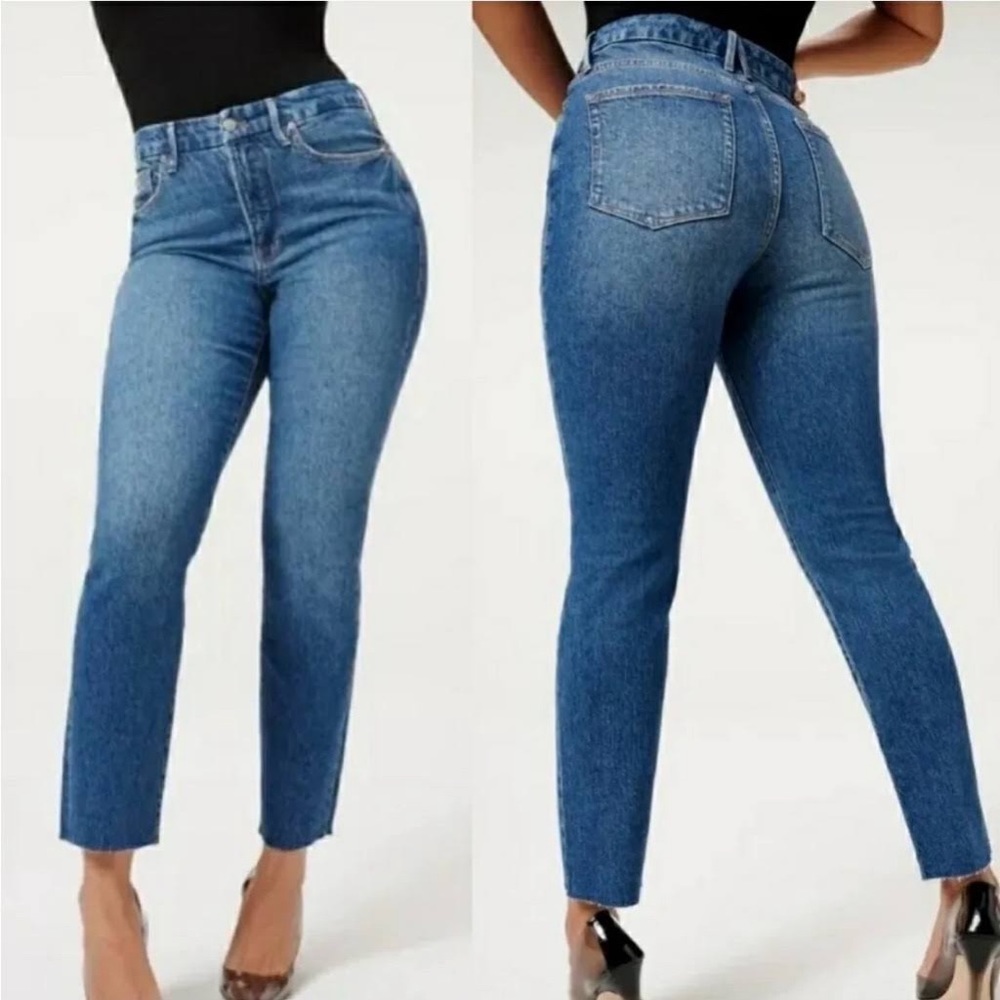 Good American Good Classic Raw Hem High Rise Slim Straight Stretch Jeans